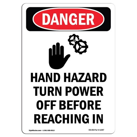 Signmission Safety Sign, OSHA Danger, 14" Height, Aluminum, Hand Hazard Turn Power, Portrait OS-DS-A-1014-V-1287